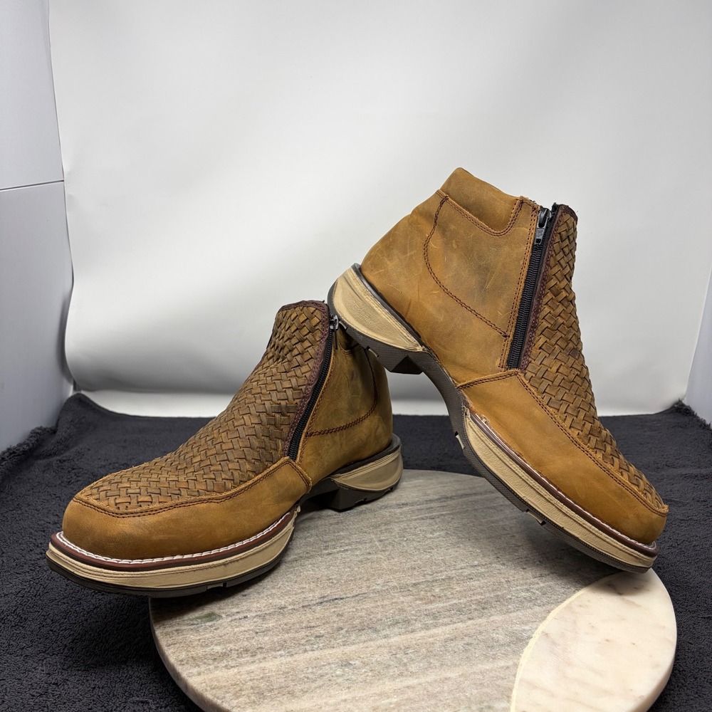 Mens Basketweave Leather Botines Zip Cowboy Boots Size 12 Woven Slip Resistant